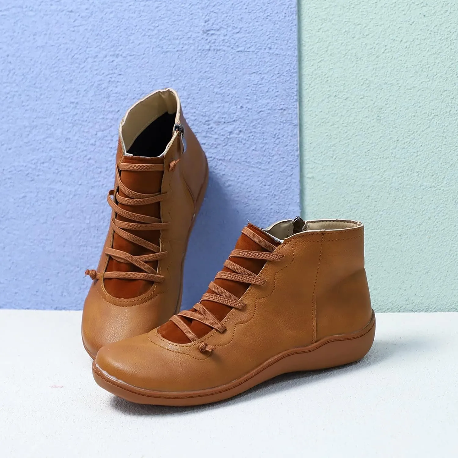 2024 Ankle Boots for Women Side Zip Flat Booties Lace Up Flat Heel Ankle Booties Arch Support Boots for Ladies