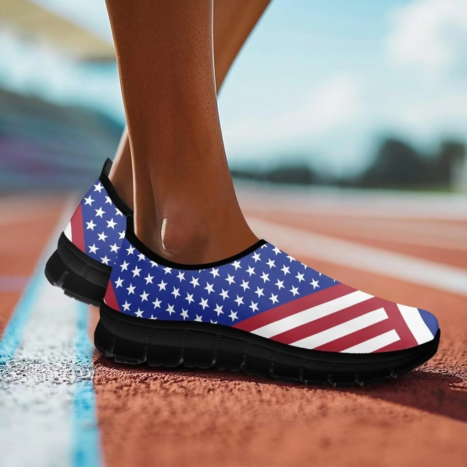 American Flag Walking Shoes for Women Slip On Casual Running Shoes Low Top Mesh Sport Shoes Lightweight Adult Jogging Shoes