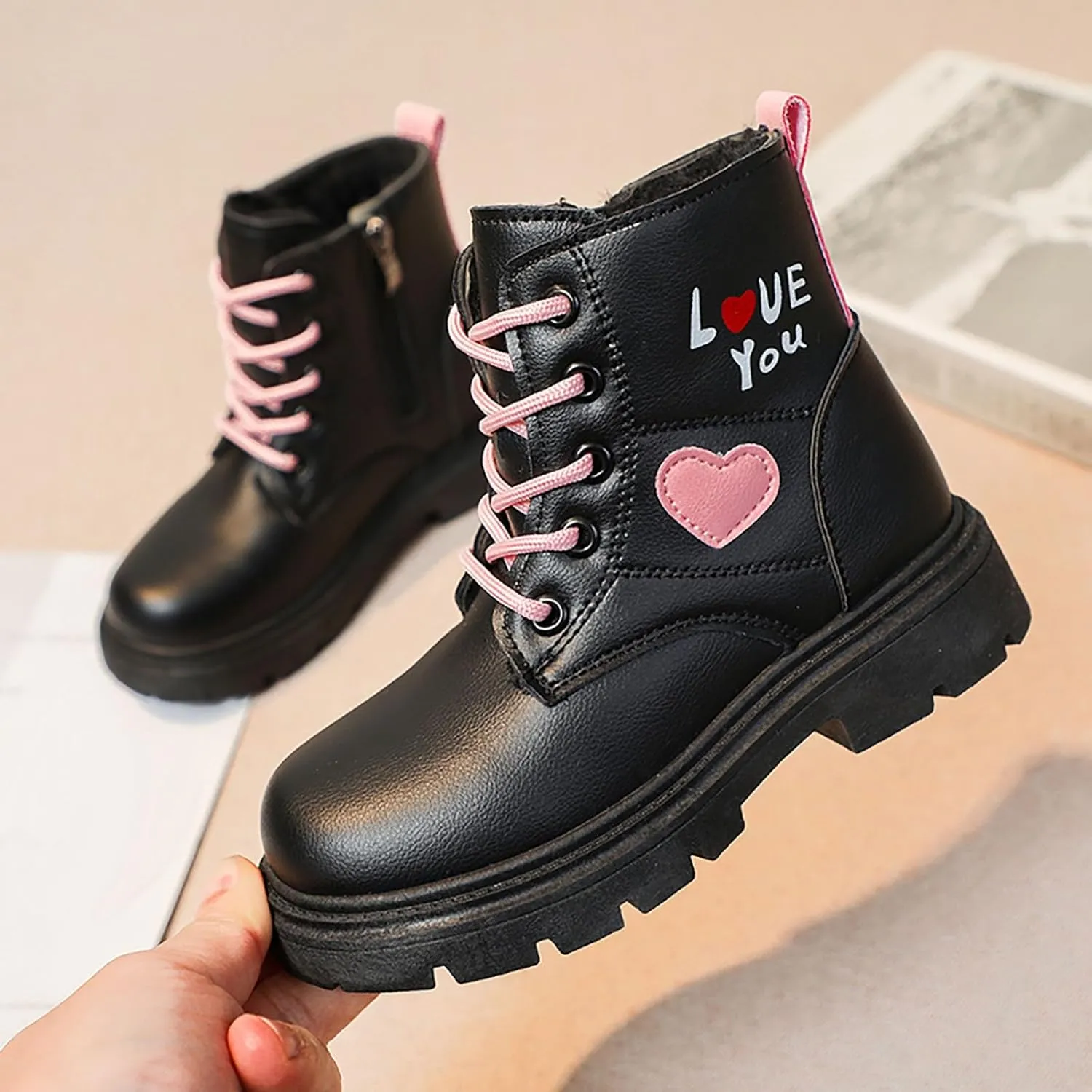 Ankle Boots for Girls Lace up Combat Boots Fashion Fuax Fur Lining Snow Boot Warm Anti-Slip Outdoor Short Winter Shoes