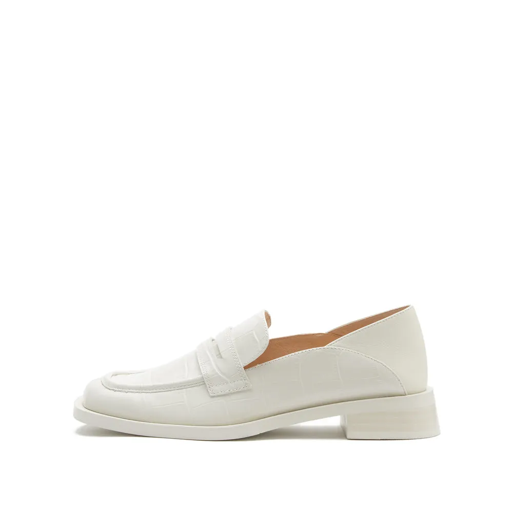 Beige Vintage Embossed Leather Penny Loafers