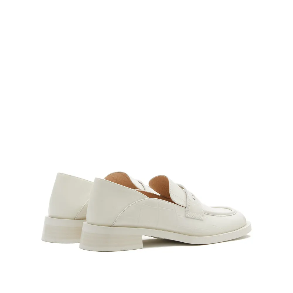 Beige Vintage Embossed Leather Penny Loafers