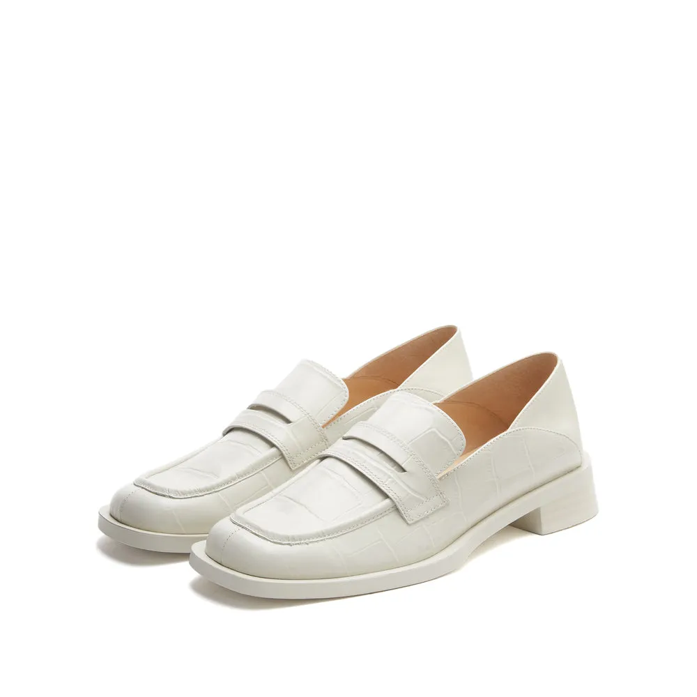 Beige Vintage Embossed Leather Penny Loafers