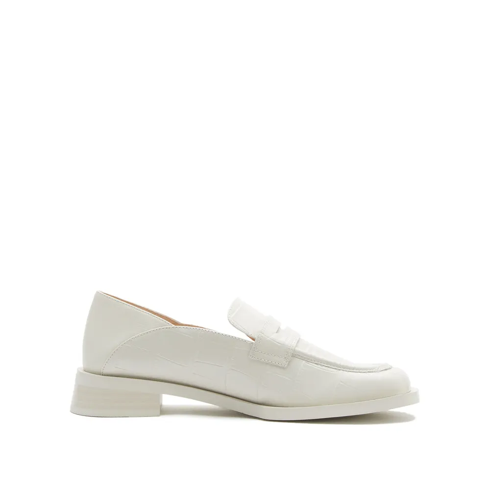 Beige Vintage Embossed Leather Penny Loafers
