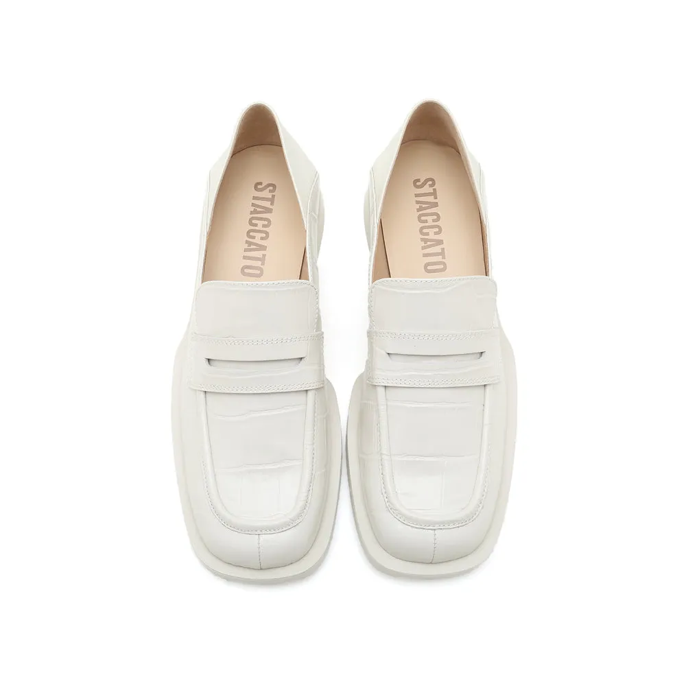 Beige Vintage Embossed Leather Penny Loafers