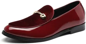 Bit Loafers for Men Slip on PU Leather Patchwork Suede Low Block Heel Patent Metal Decor Pointed Toe Anti Slip
