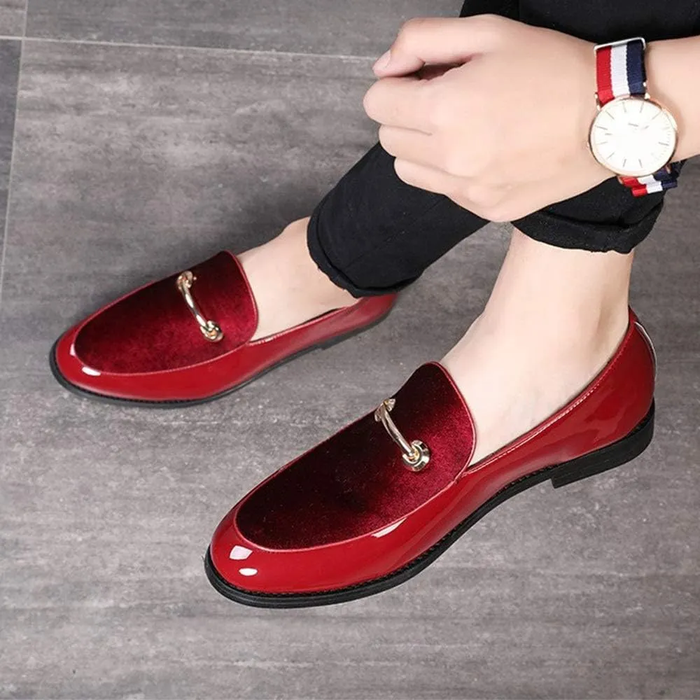 Bit Loafers for Men Slip on PU Leather Patchwork Suede Low Block Heel Patent Metal Decor Pointed Toe Anti Slip