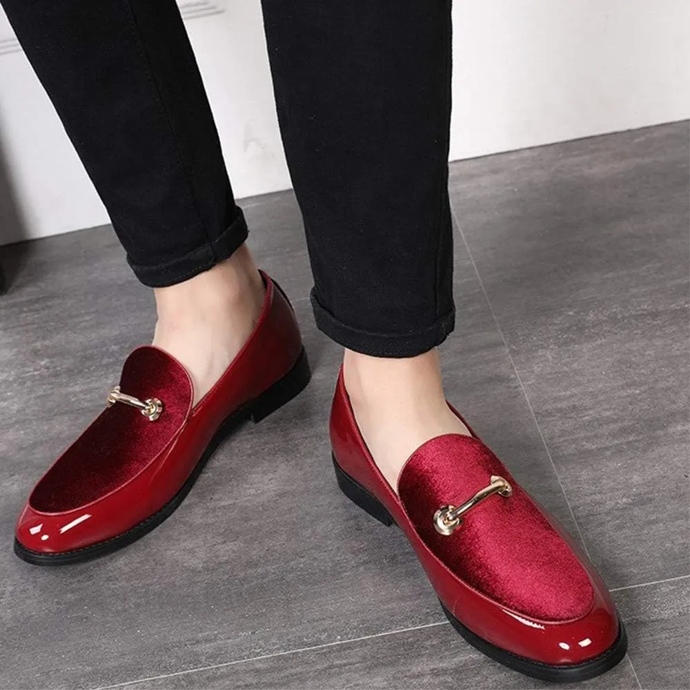 Bit Loafers for Men Slip on PU Leather Patchwork Suede Low Block Heel Patent Metal Decor Pointed Toe Anti Slip