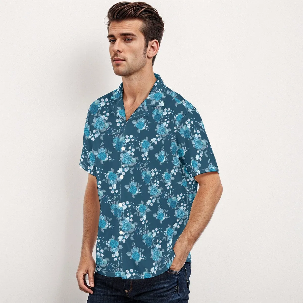 Blue Floral Shirt Men, Hawaiian shirt Men, Rose Print Shirt, Floral Print Shirt, Teal Shirt Men, Vacation shirt men, Beach Wedding Shirt Men
