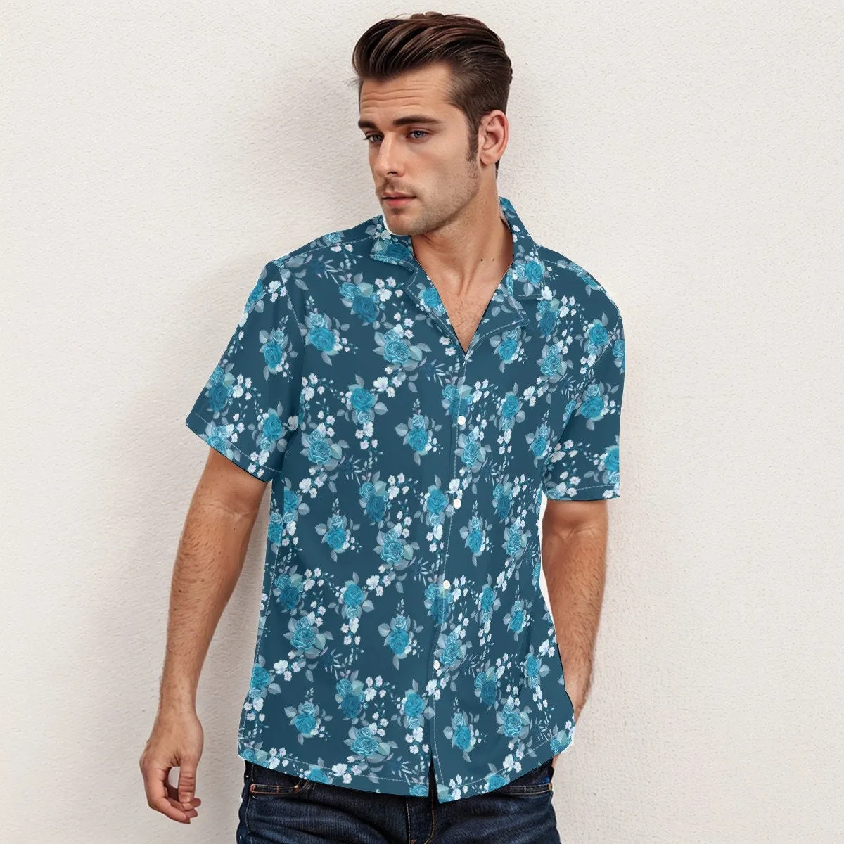 Blue Floral Shirt Men, Hawaiian shirt Men, Rose Print Shirt, Floral Print Shirt, Teal Shirt Men, Vacation shirt men, Beach Wedding Shirt Men