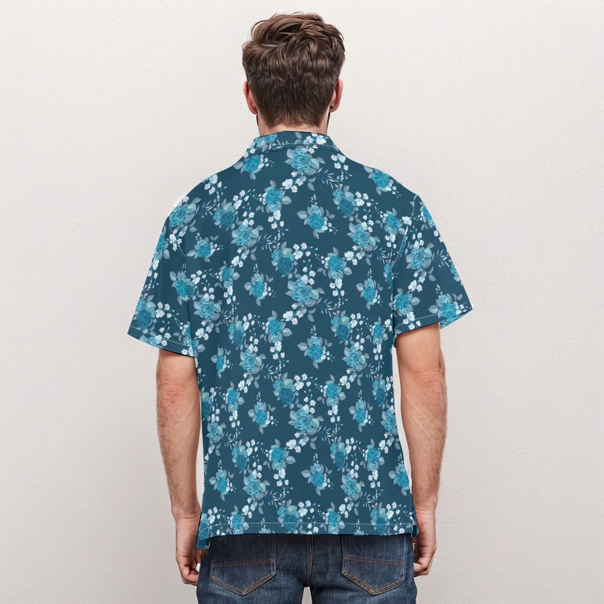 Blue Floral Shirt Men, Hawaiian shirt Men, Rose Print Shirt, Floral Print Shirt, Teal Shirt Men, Vacation shirt men, Beach Wedding Shirt Men