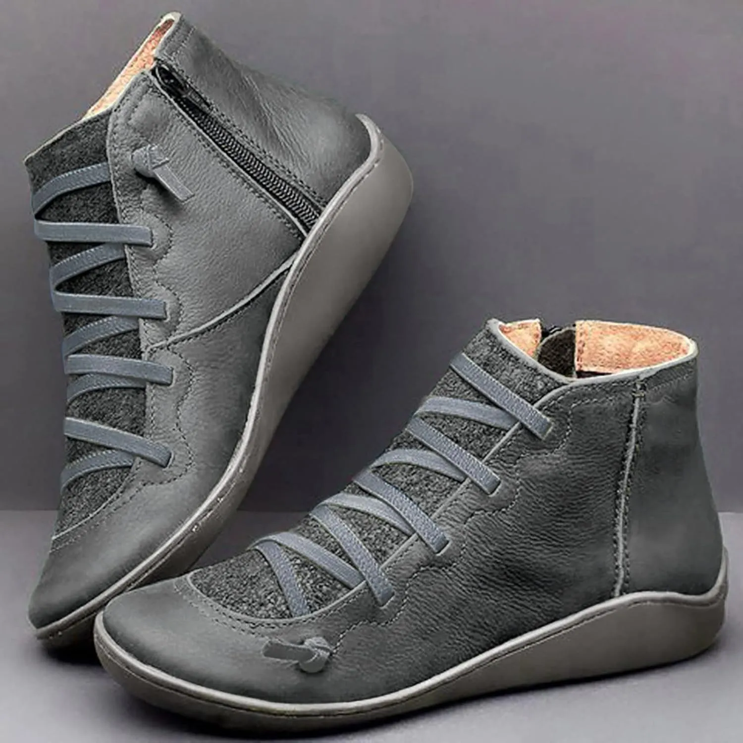 Booties for Women Round Toe Zipper Ankle Boots Comfy Arch Support Boots Lace Up Flat Heel Ankle Booties