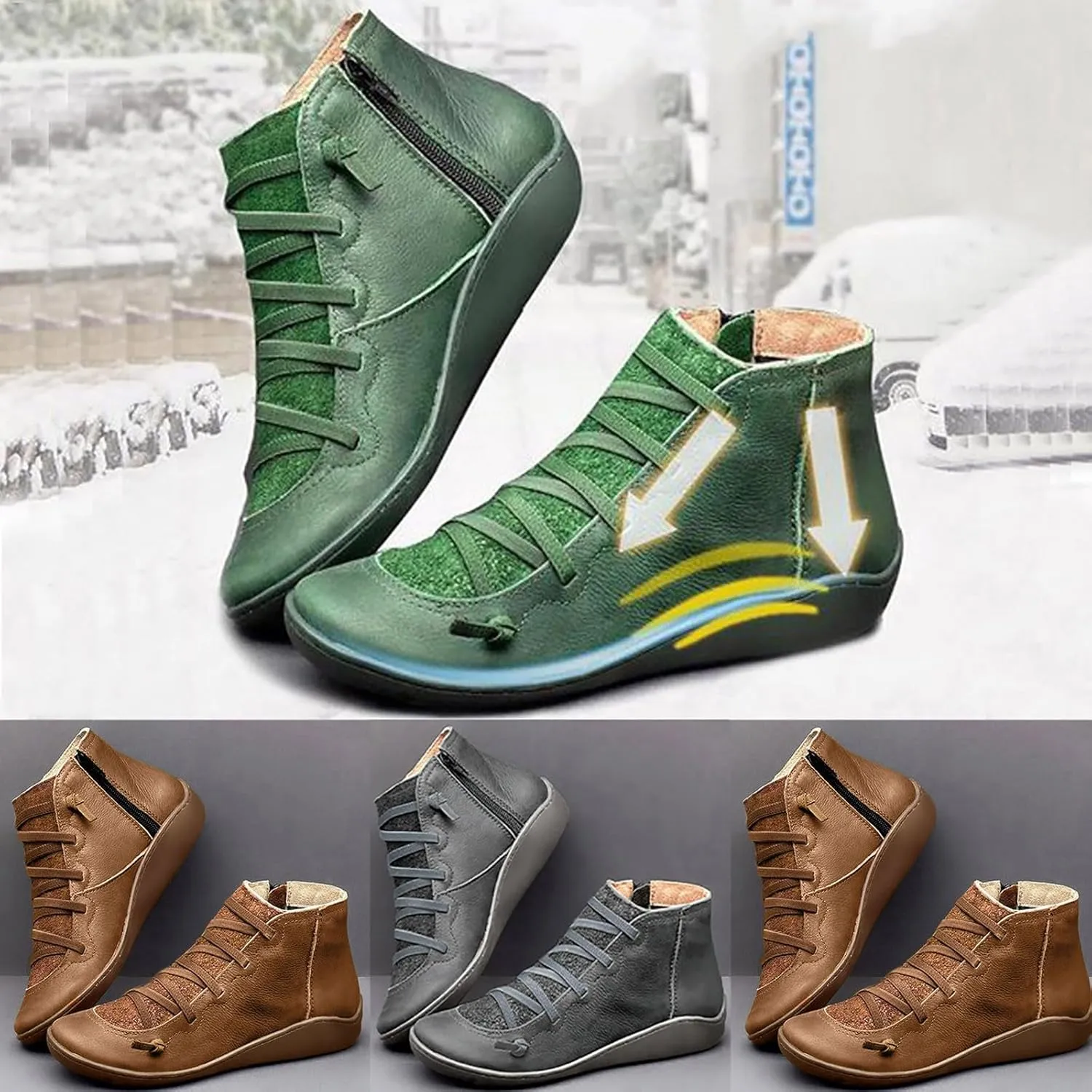 Booties for Women Round Toe Zipper Ankle Boots Comfy Arch Support Boots Lace Up Flat Heel Ankle Booties
