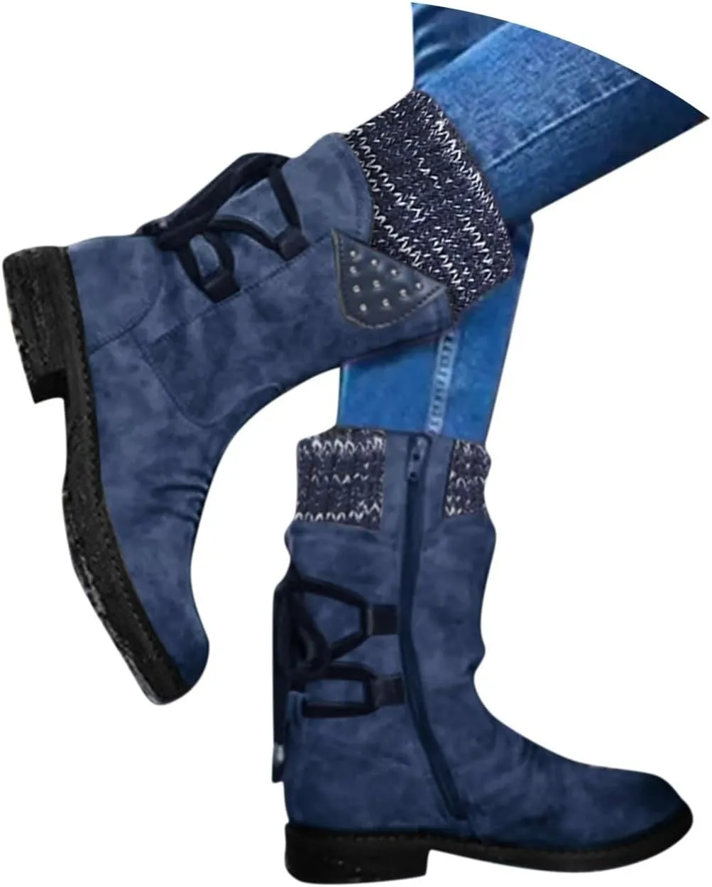Boots for Women Lace-up Fur Lined Mid Calf Shoes Waterproof Winter Snow Booties Heel Chunky Thick with Round Toe Side Zipper