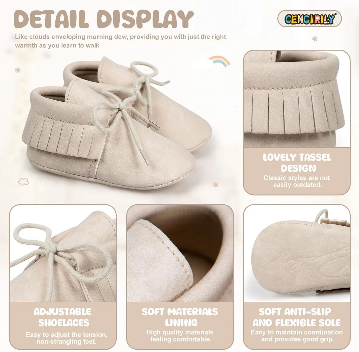 CENCIRILY Infant Baby Fringe Moccasin Slipper Boys Girls Tassel Suede Leather Toddler Sneakers Soft Sole First Walking Loafers Crib Shoes