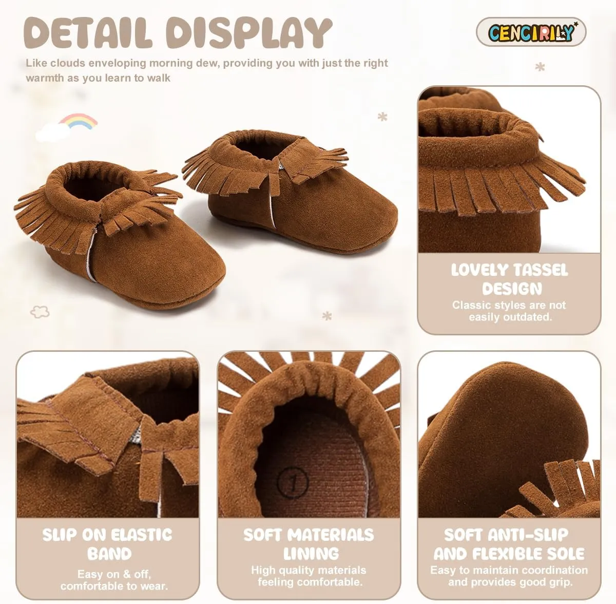 CENCIRILY Infant Baby Fringe Moccasin Slipper Boys Girls Tassel Suede Leather Toddler Sneakers Soft Sole First Walking Loafers Crib Shoes