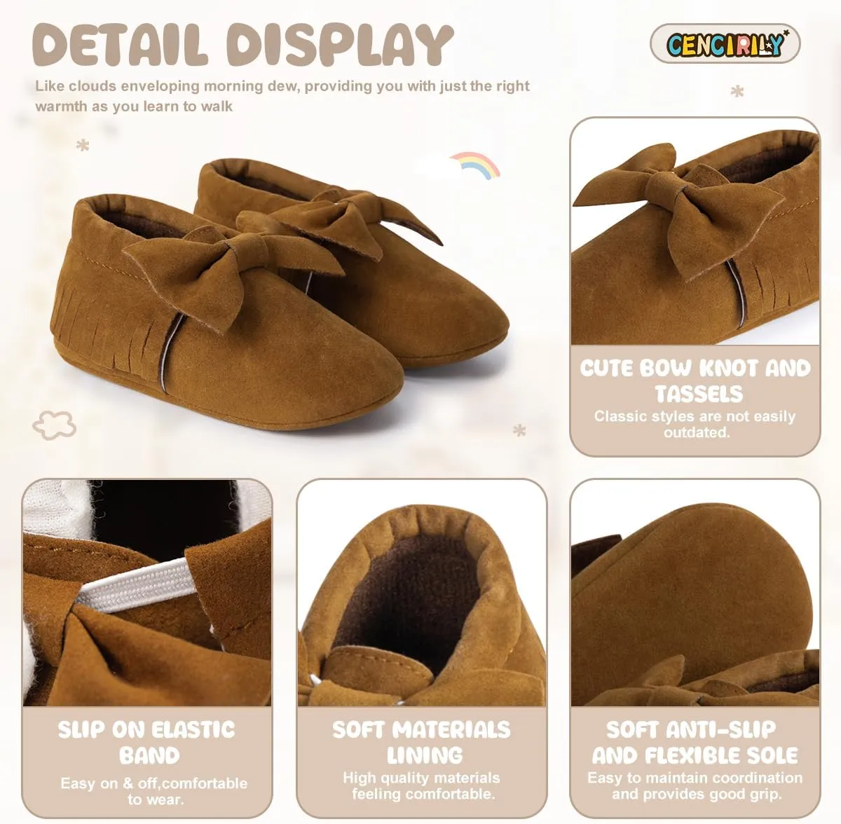 CENCIRILY Infant Baby Fringe Moccasin Slipper Boys Girls Tassel Suede Leather Toddler Sneakers Soft Sole First Walking Loafers Crib Shoes