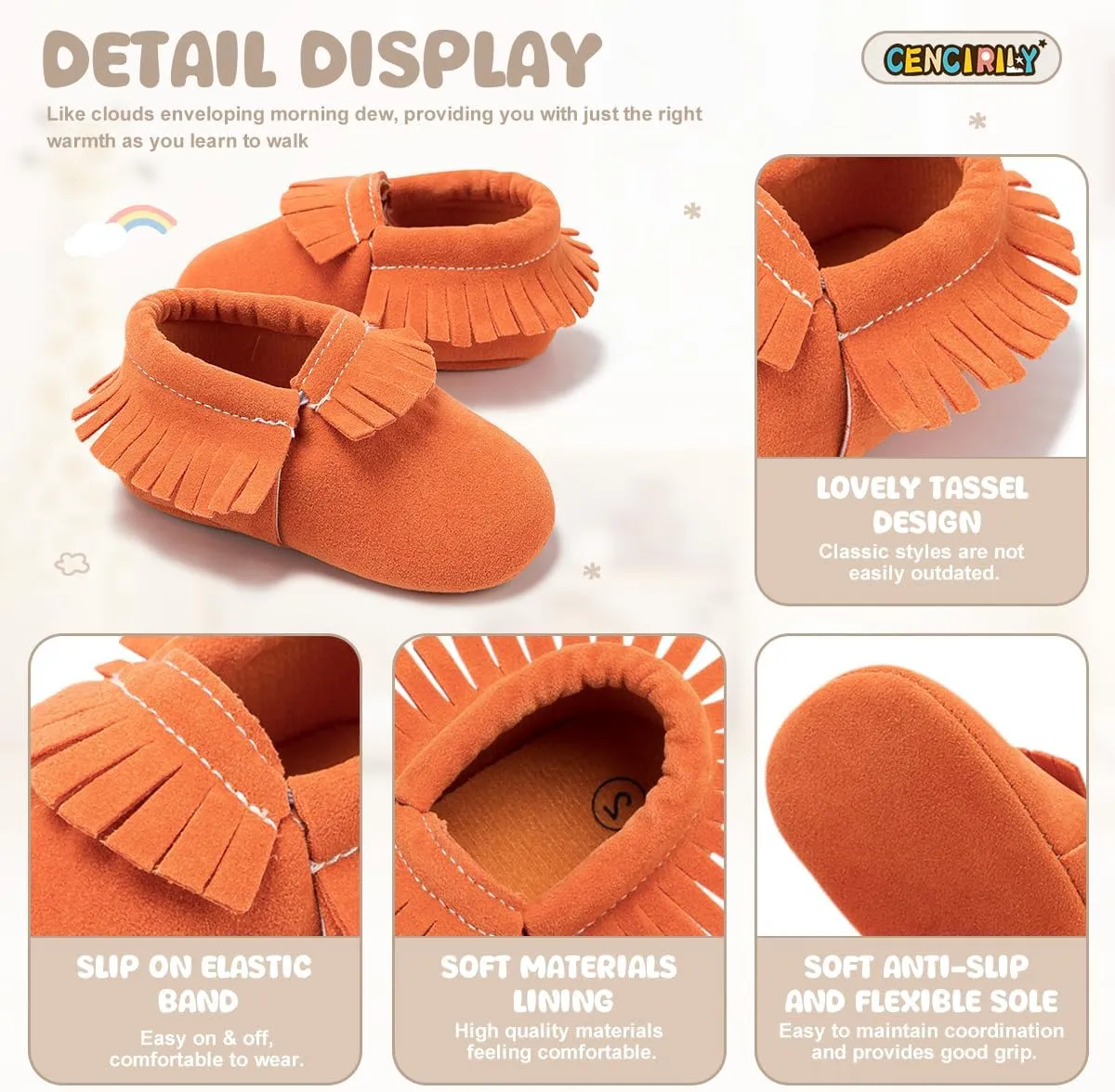 CENCIRILY Infant Baby Fringe Moccasin Slipper Boys Girls Tassel Suede Leather Toddler Sneakers Soft Sole First Walking Loafers Crib Shoes