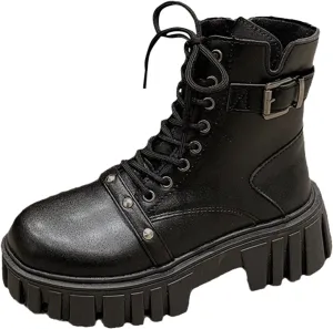 Classic Combat Boots for Women,Chunky Platform Lug Sole Riding Boots Vintage Side Zipper Lace Up Buckle Strap Ankle Boots Retro Round Toe Waterproof Black Leather Ankle Boots for Ladies