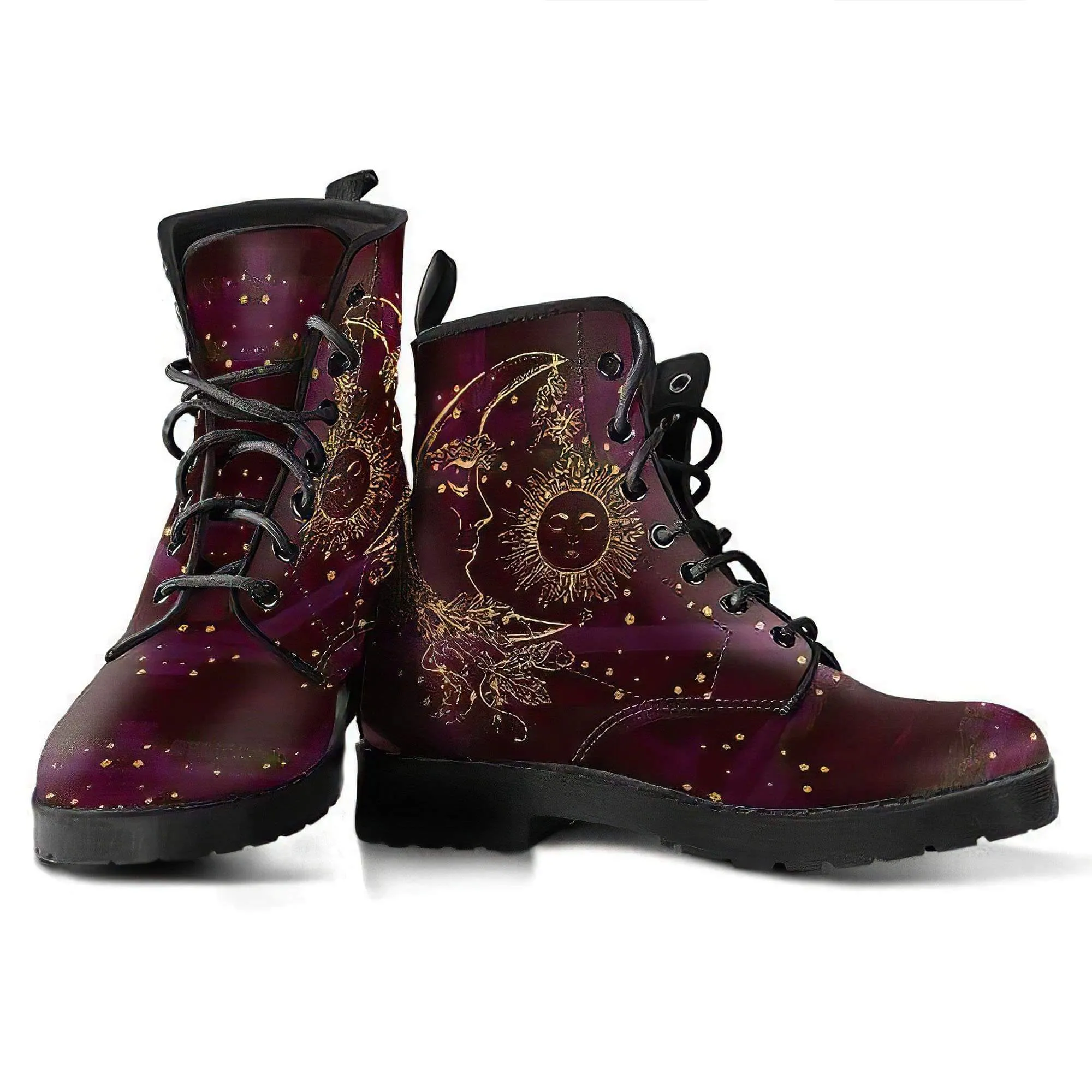 Combat Boots for Women - Maroon Sun and Moon Handcrafted Boots
