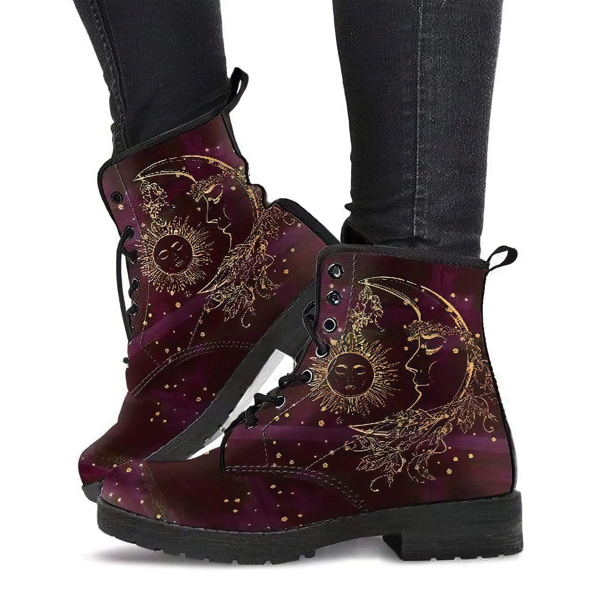 Combat Boots for Women - Maroon Sun and Moon Handcrafted Boots
