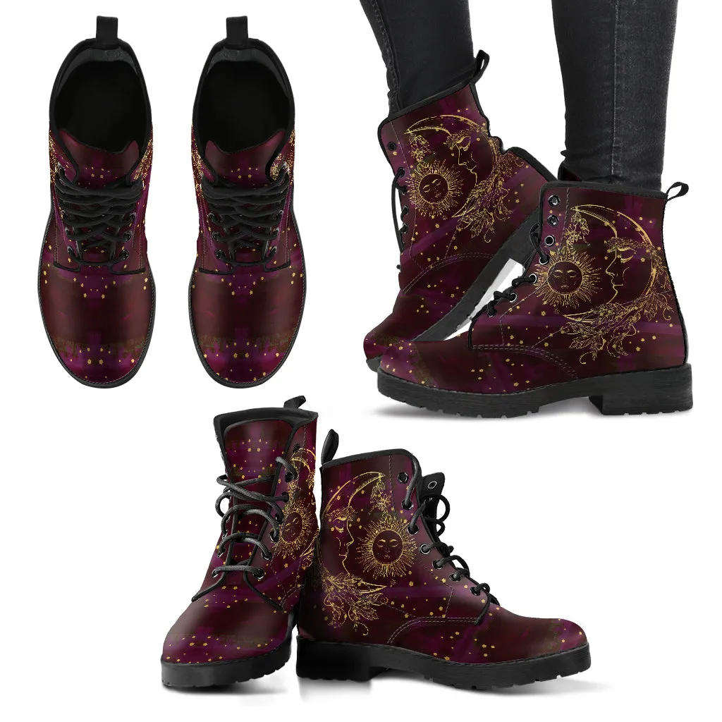 Combat Boots for Women - Maroon Sun and Moon Handcrafted Boots