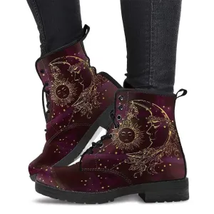 Combat Boots for Women - Maroon Sun and Moon Handcrafted Boots
