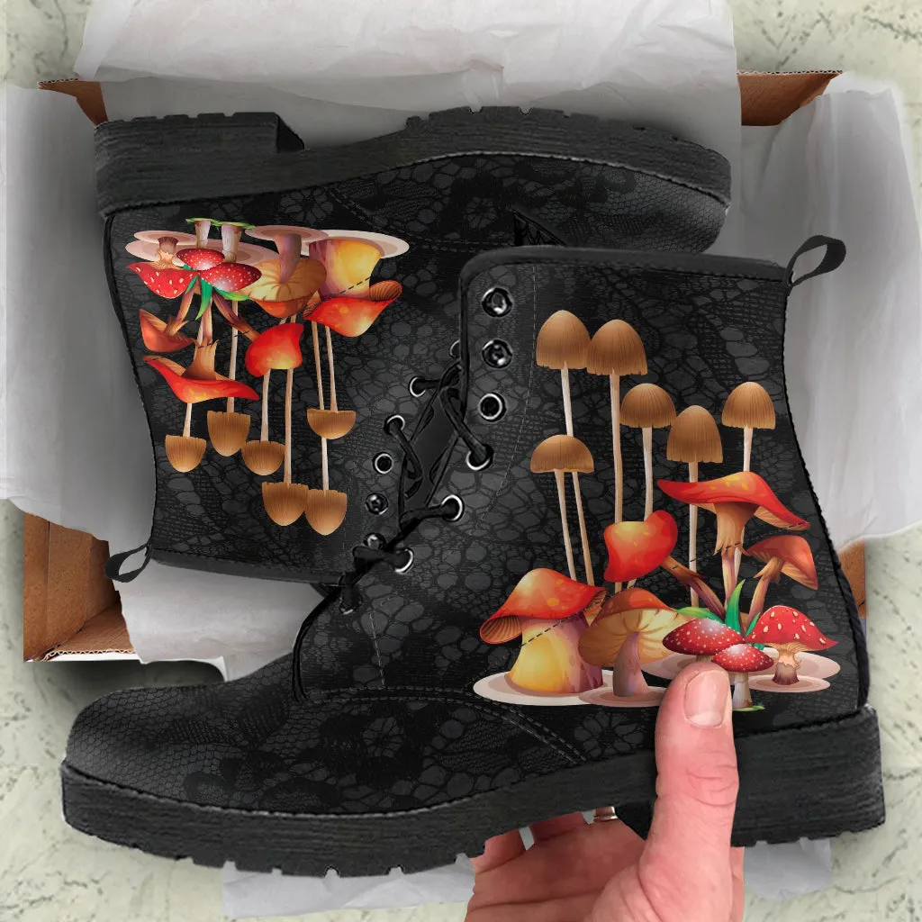 Combat Boots - Mushroom Boots #111 | Mushroom Gift, Birthday Gift Idea, Vegan Leather Lace Up Boots, Custom Unisex Adult Shoes, Gift for Her