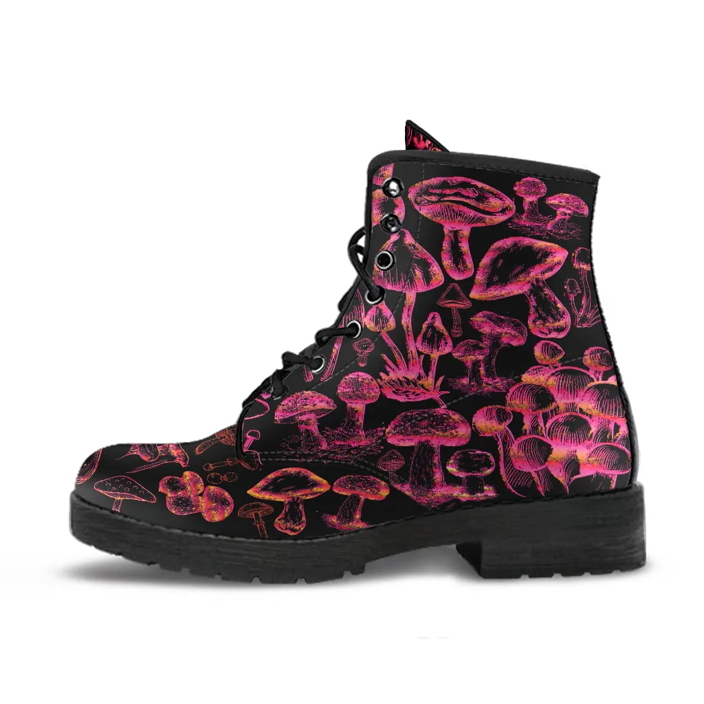 Combat Boots - Mushroom Boots #112 Black | Mushroom Gift, Birthday Gift Idea, Vegan Leather Lace Up Boots, Custom Unisex Adult Shoes
