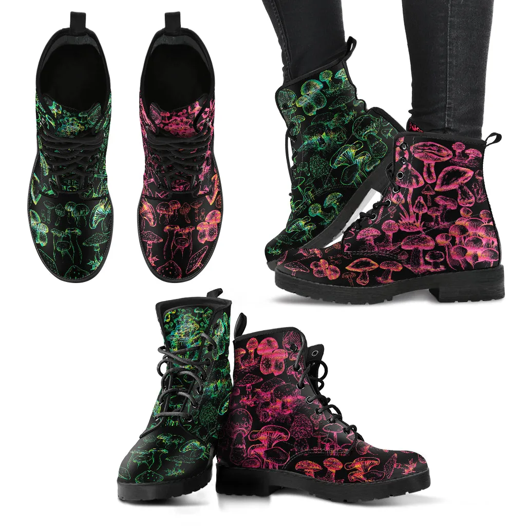 Combat Boots - Mushroom Boots #112 Black | Mushroom Gift, Birthday Gift Idea, Vegan Leather Lace Up Boots, Custom Unisex Adult Shoes