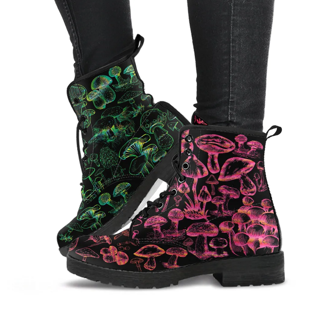 Combat Boots - Mushroom Boots #112 Black | Mushroom Gift, Birthday Gift Idea, Vegan Leather Lace Up Boots, Custom Unisex Adult Shoes
