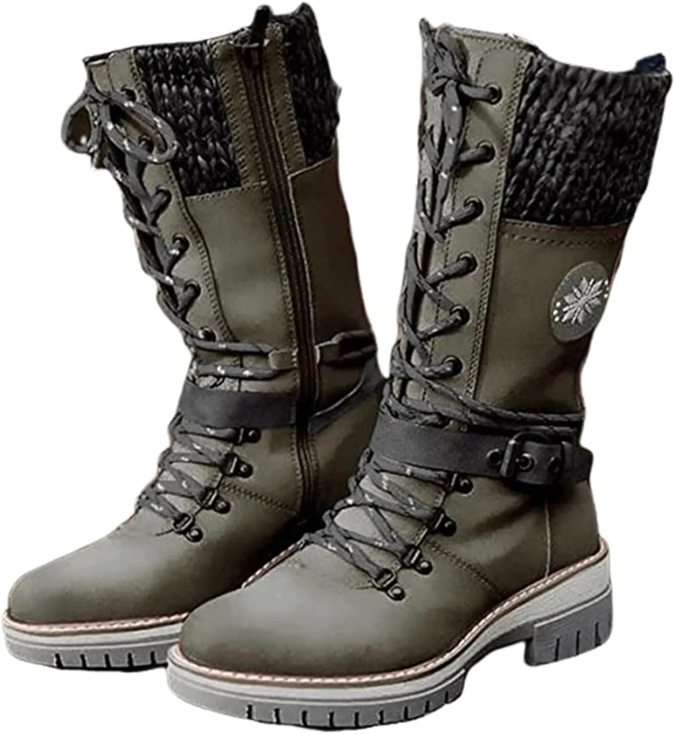 Combat Boots Womens Mid Calf Riding Fashion Winter Boots Side Zipper Low Heel Motorcycle Military Biker Ankle Booties