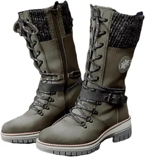 Combat Boots Womens Mid Calf Riding Fashion Winter Boots Side Zipper Low Heel Motorcycle Military Biker Ankle Booties