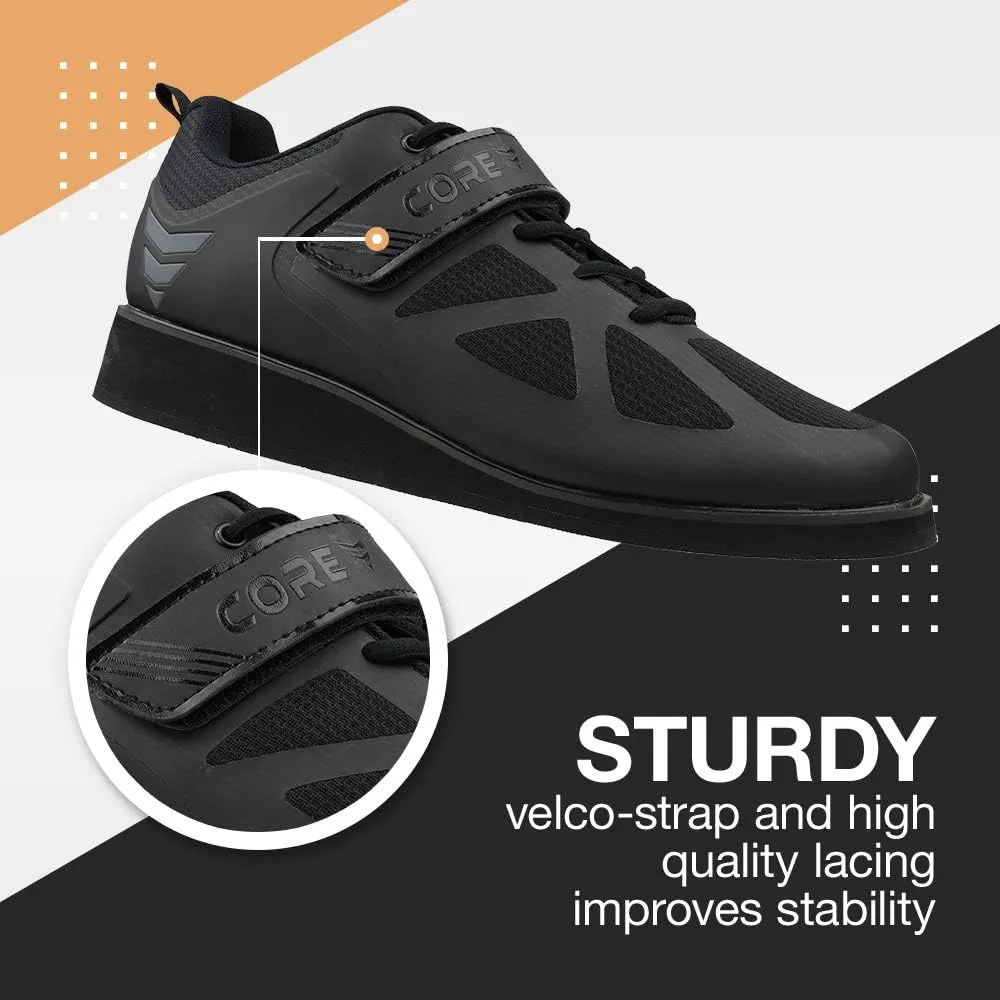 CORE Weightlifting Shoes - Squat Shoes for Powerlifting, Deadlifting, Crosstraining, Olympic Lifting and Gym - Men and Women - Strap and Lace-Up Design with Non-Slip Sole & 0.67" Heel