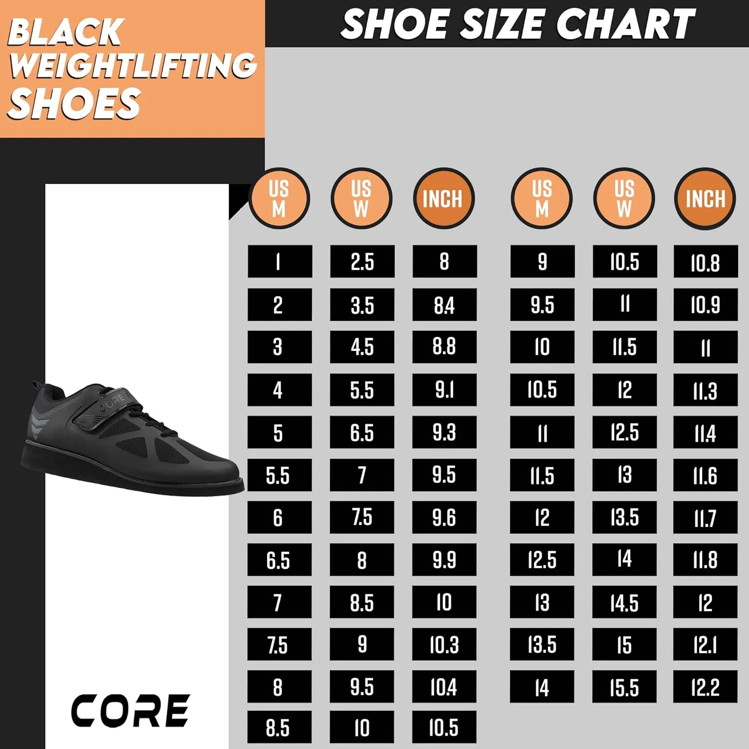 CORE Weightlifting Shoes - Squat Shoes for Powerlifting, Deadlifting, Crosstraining, Olympic Lifting and Gym - Men and Women - Strap and Lace-Up Design with Non-Slip Sole & 0.67" Heel