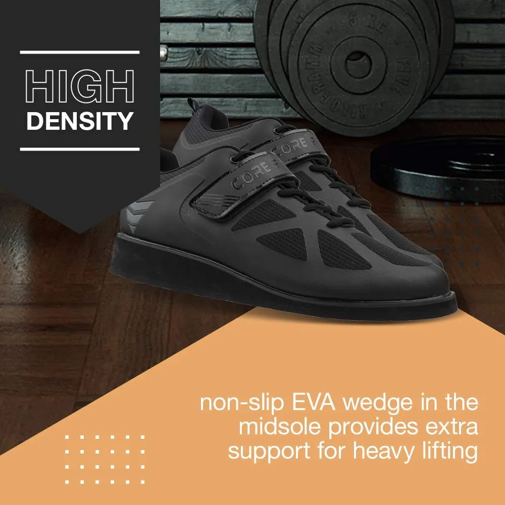 CORE Weightlifting Shoes - Squat Shoes for Powerlifting, Deadlifting, Crosstraining, Olympic Lifting and Gym - Men and Women - Strap and Lace-Up Design with Non-Slip Sole & 0.67" Heel