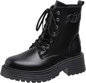 Crzidha Classic Motorcycle Boots for Women,Chunky Platform Riding Boots Retro Round Toe Lace-Up Buckle Strap Ankle Boots Casual Outdoor Non-Slip Waterproof Walking Fashion Party Travel Boots