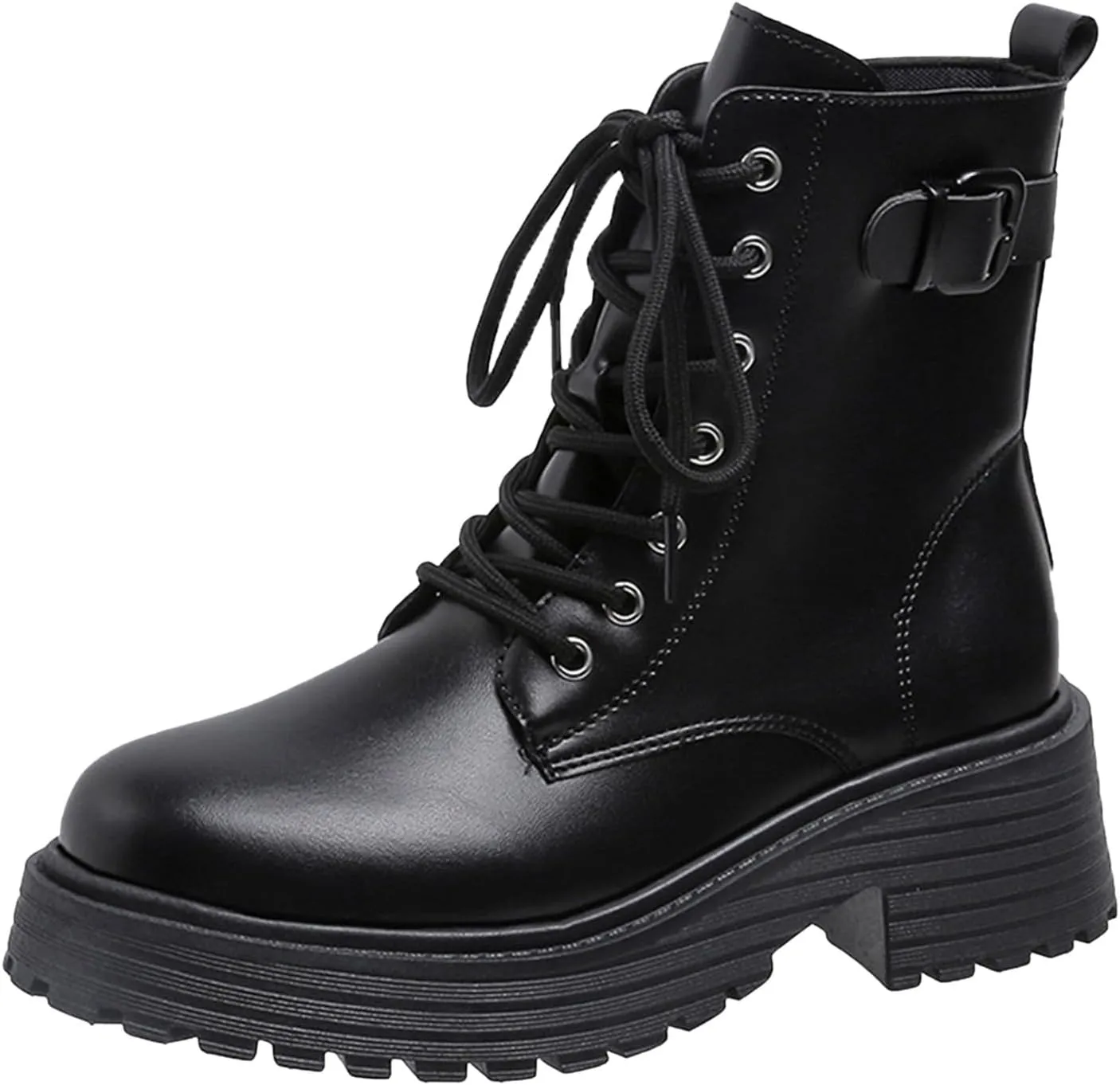 Crzidha Classic Motorcycle Boots for Women,Chunky Platform Riding Boots Retro Round Toe Lace-Up Buckle Strap Ankle Boots Casual Outdoor Non-Slip Waterproof Walking Fashion Party Travel Boots