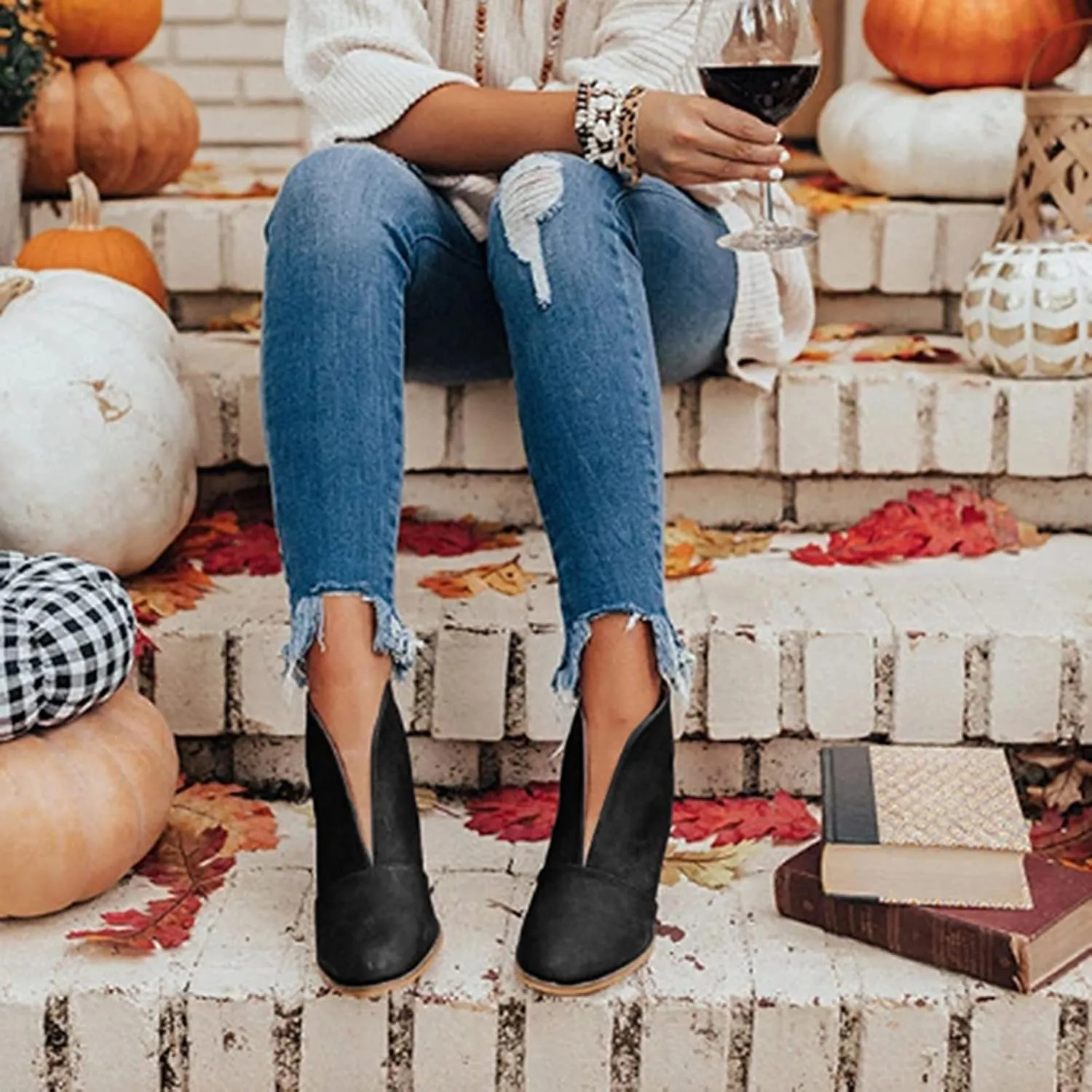 Crzidha High Heel Ankle Boot for Women,Comfortable Arch Support Stacked Mid Heel Booties Cut Out Slip On Booties Modern Business Work Boots for Ladies Dressy Casual Leather Boots
