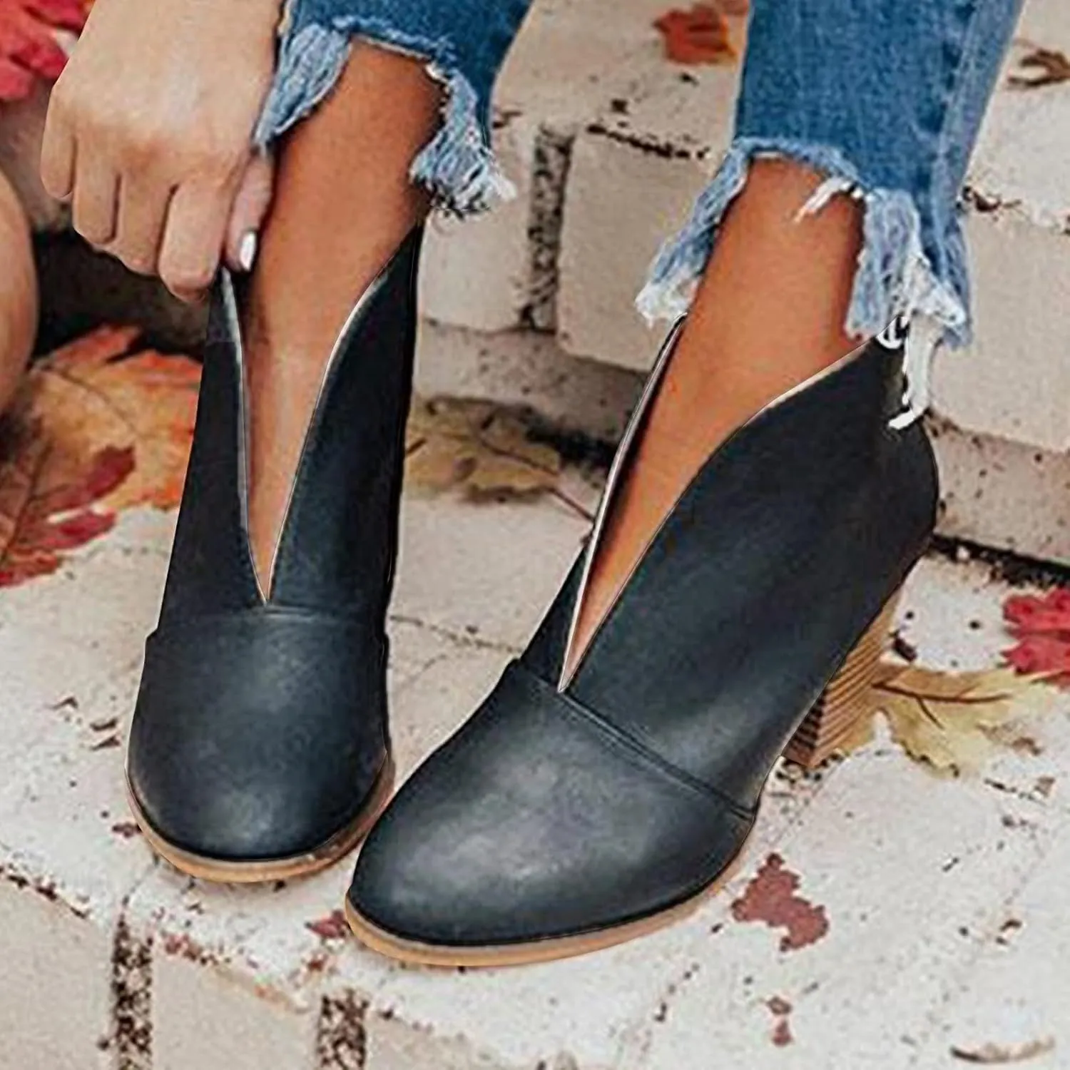 Crzidha High Heel Ankle Boot for Women,Comfortable Arch Support Stacked Mid Heel Booties Cut Out Slip On Booties Modern Business Work Boots for Ladies Dressy Casual Leather Boots