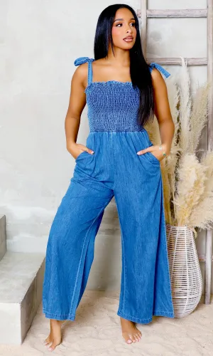 Denim Bliss | Shoulder Tie Jumpsuit - Medium Indigo FINAL SALE