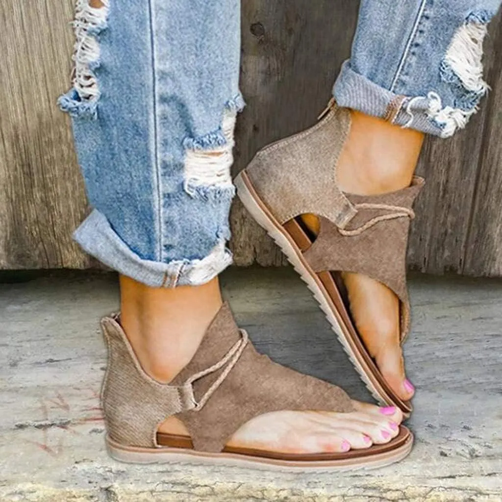 Eduavar Sandals for Women Casual Summer, Flat Sandals for Women Summer Open Toe Flip Flops Sandals Zip Up Suede Sandals