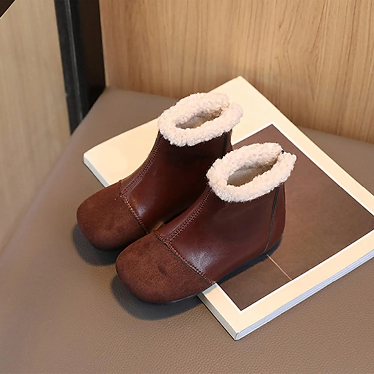 Fashion Winter Children Boots Boys and Girls Ankle Boots Flat Bottom Flat Heel Round Toe Solid Color Youth Winter Boots