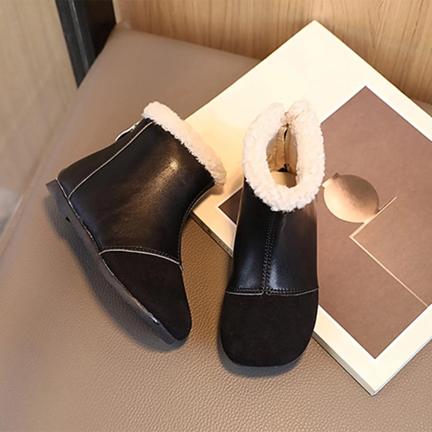 Fashion Winter Children Boots Boys and Girls Ankle Boots Flat Bottom Flat Heel Round Toe Solid Color Youth Winter Boots