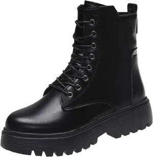 Flatform Riding Boots for Women,Vintage Lace-Up Side Zipper Combat Boots Non-Slip Lug Sole Waterproof Leather Ankle Boots Comfy Round Toe Wide Width Motorcycle Boots for Ladies Casual Outdoor