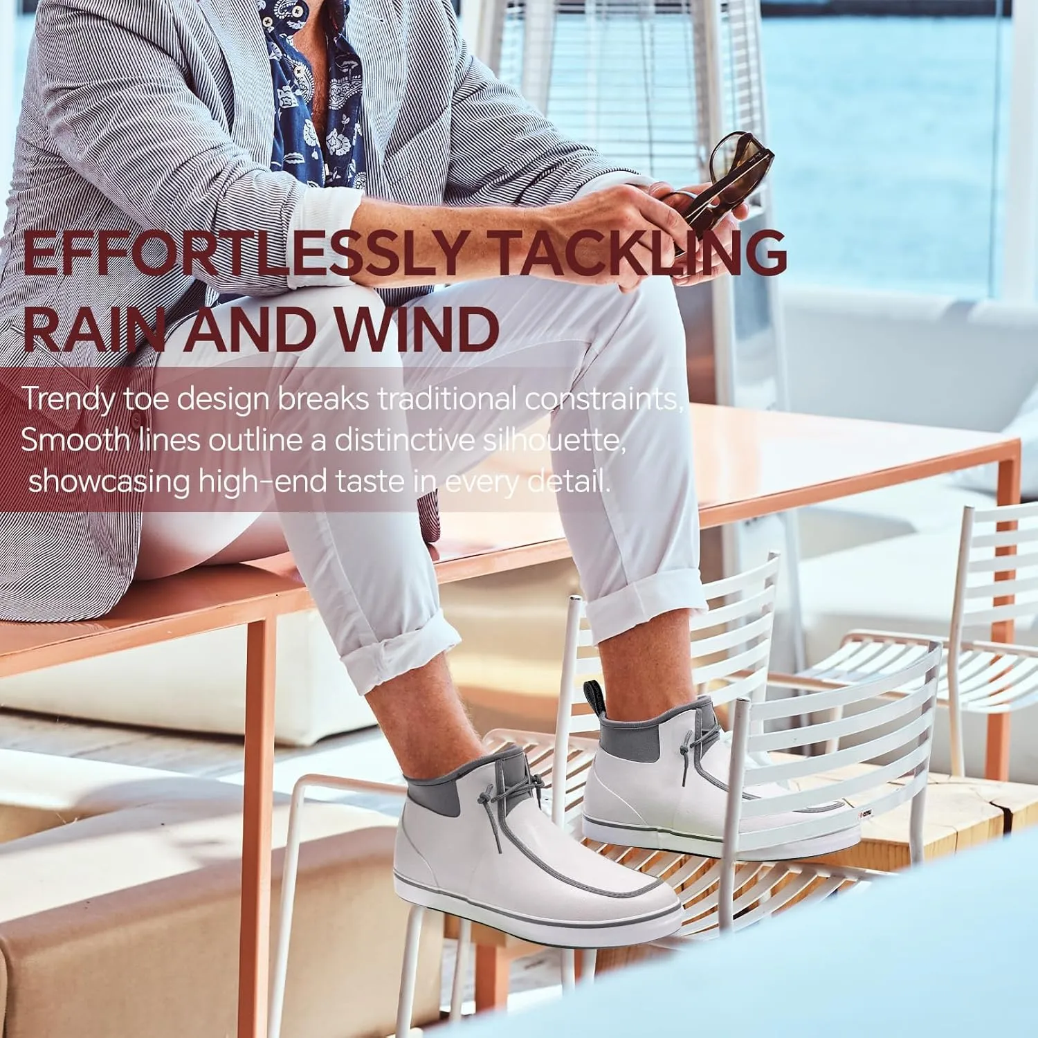 Furuian Deck Boots for Men Waterproof Rain Boots Durable Rubber Boots Comfortable Fishing Loafers Slip On Moc Toe Shoes Non Slip Boat Shoes for Fishing, Gardening, Daily, Working, Sailing