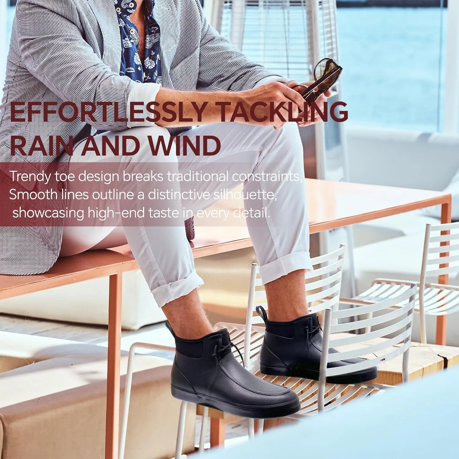 Furuian Deck Boots for Men Waterproof Rain Boots Durable Rubber Boots Comfortable Fishing Loafers Slip On Moc Toe Shoes Non Slip Boat Shoes for Fishing, Gardening, Daily, Working, Sailing