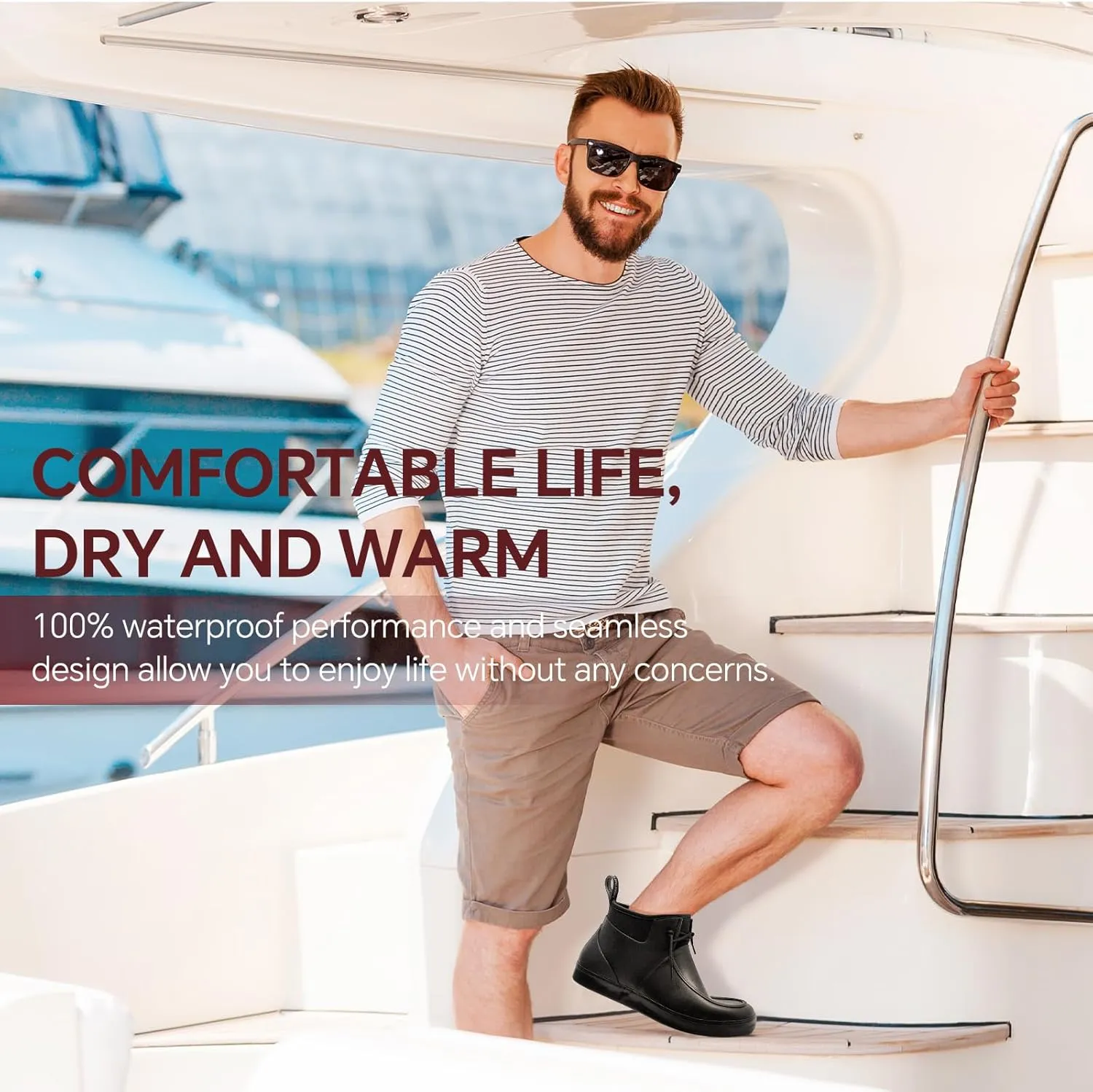 Furuian Deck Boots for Men Waterproof Rain Boots Durable Rubber Boots Comfortable Fishing Loafers Slip On Moc Toe Shoes Non Slip Boat Shoes for Fishing, Gardening, Daily, Working, Sailing
