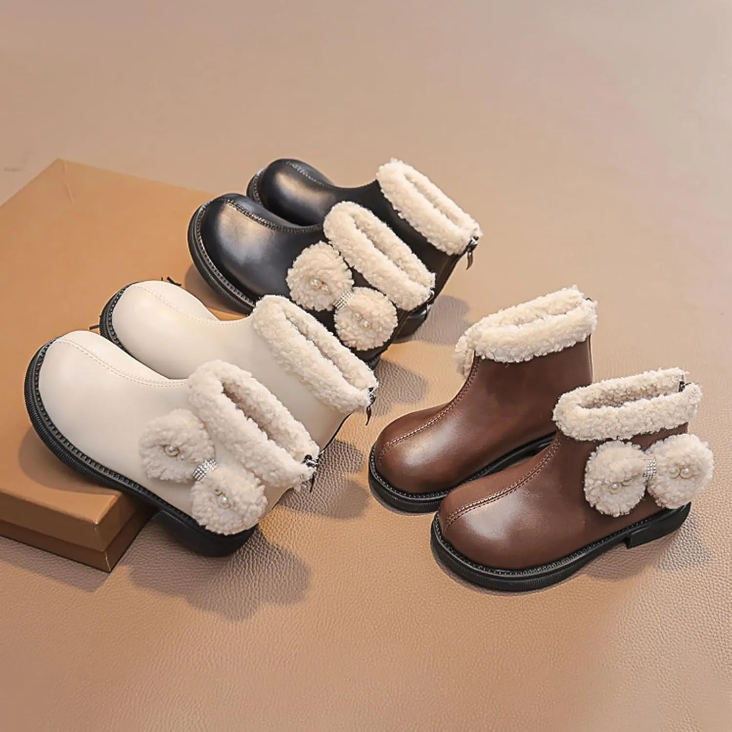 Girl's Short Ankle Boots Warm Side Zipper Boots Low Heel Short Booties Winter Anti-Slip Outdoor Shoes for Big Kids