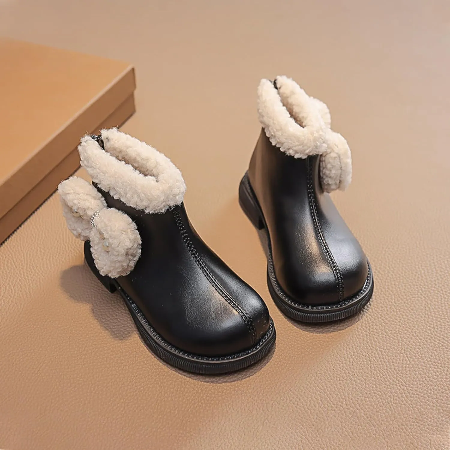 Girl's Short Ankle Boots Warm Side Zipper Boots Low Heel Short Booties Winter Anti-Slip Outdoor Shoes for Big Kids