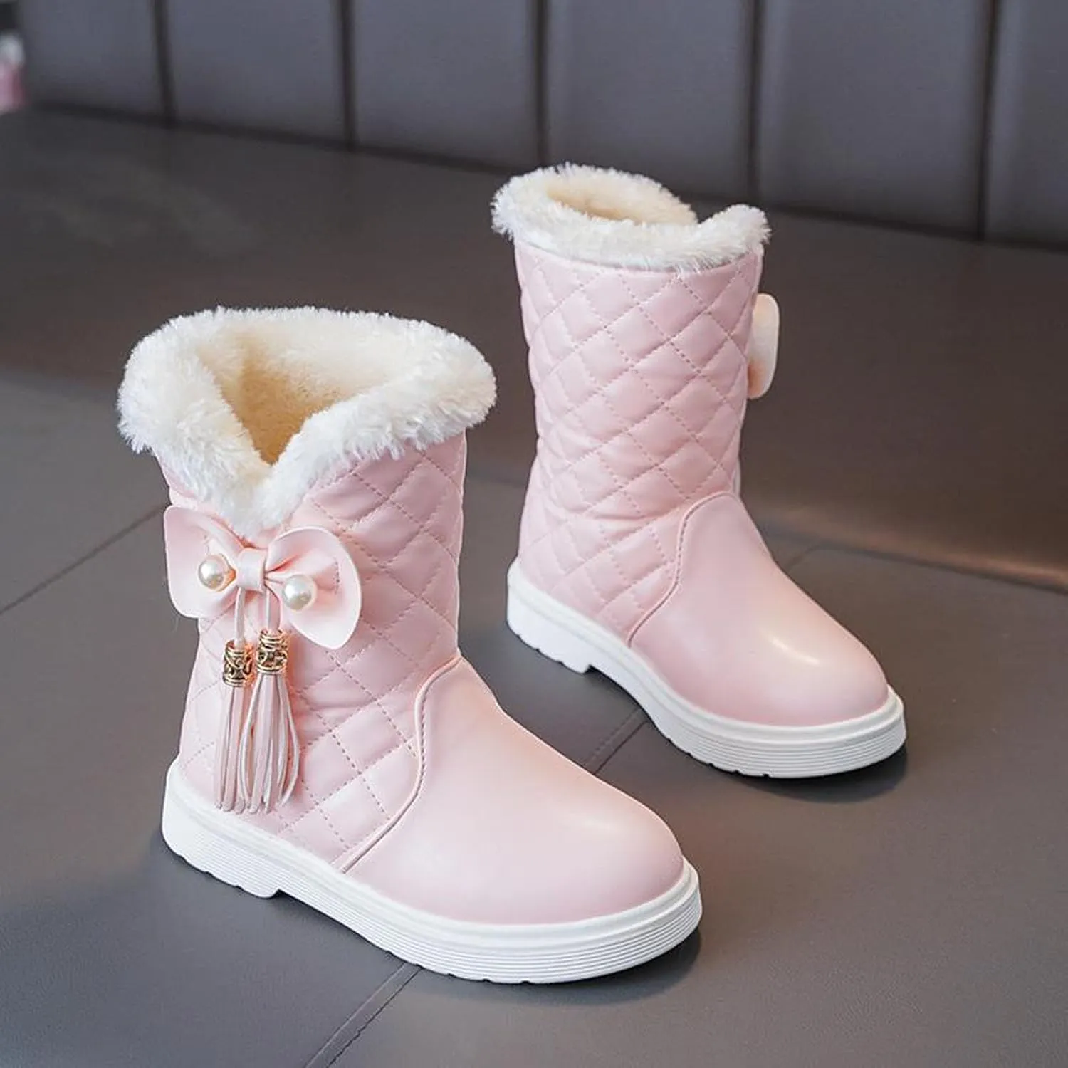 Girls Winter Snow Boots Faux Fur Lined Slip on Ankle Booties Mid Calf Non-Slip Outdoor Walking Shoes Little/Big Kids